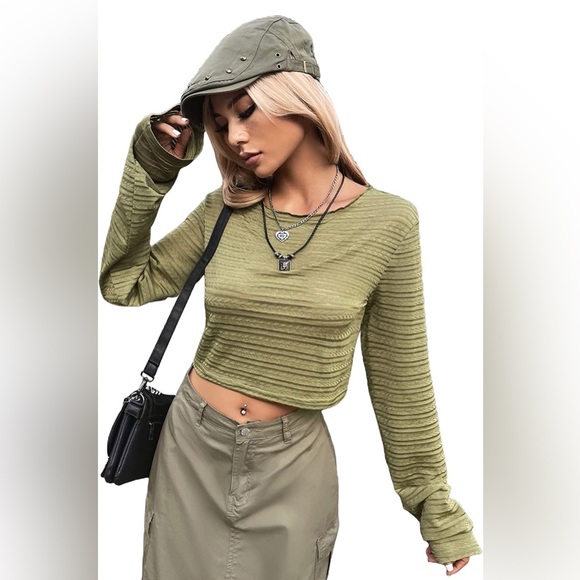 NWT (M) Army Green Y2K Lettuce Trim Long Sleeve Round Neck Crop Top Tee Shirt - Picture 7 of 8